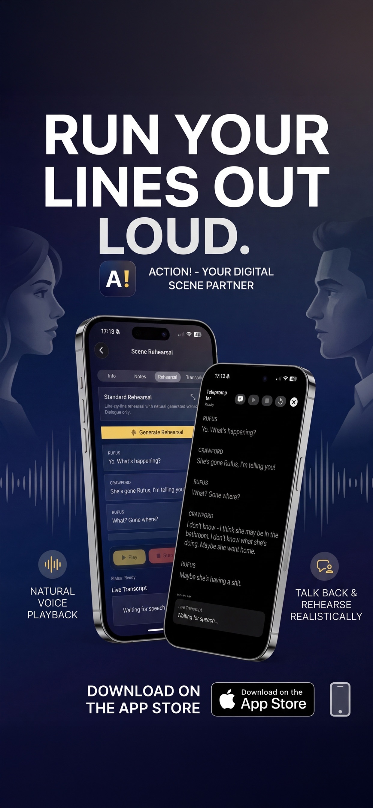 Action! natural voice playback and live transcript for running lines