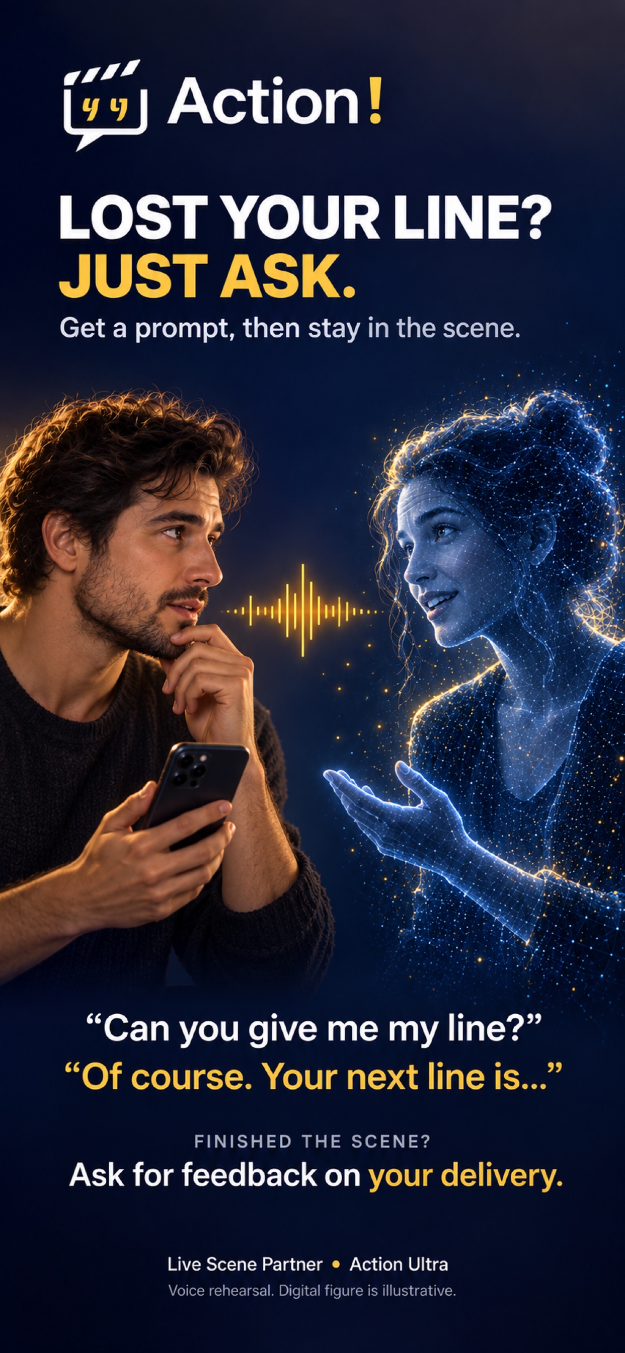 Action Ultra App Store graphic showing an actor asking an illustrated virtual scene partner for a line prompt and delivery feedback
