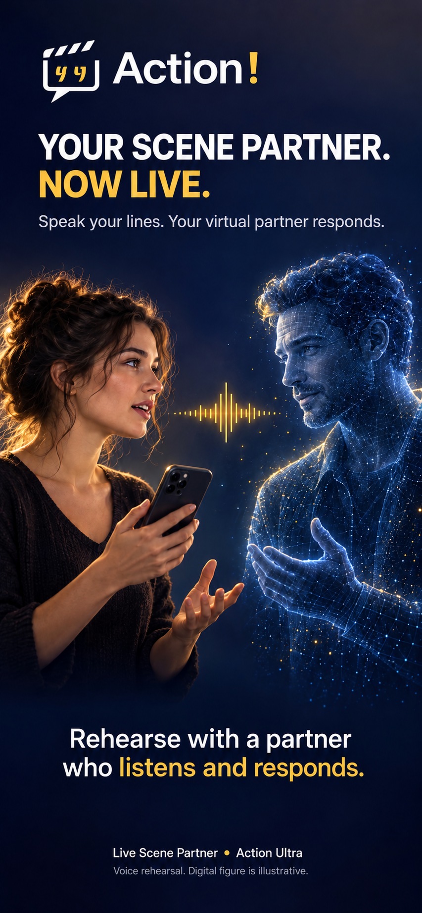 An actor rehearses from her phone with an illustrated blue virtual scene partner