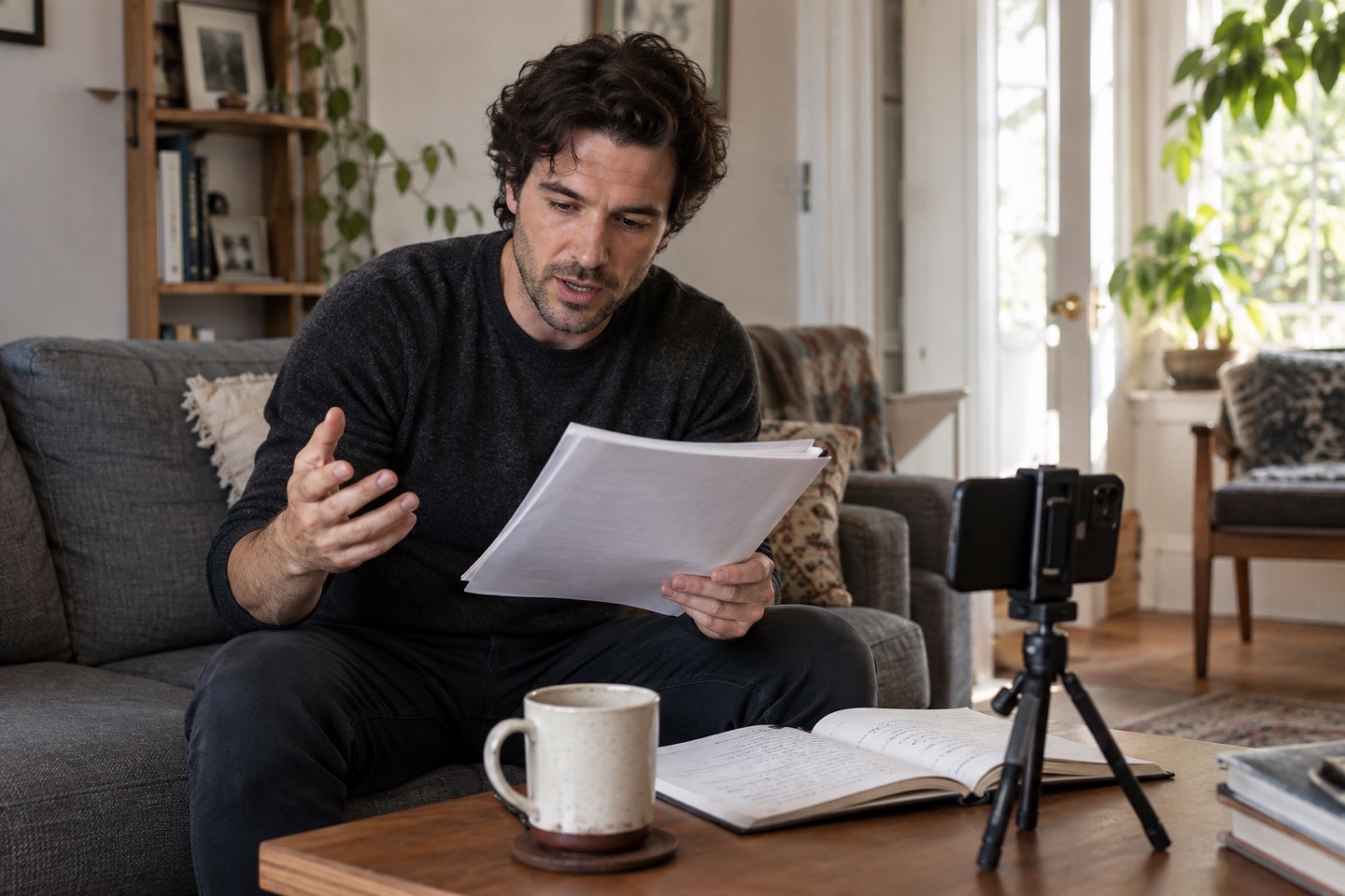 An actor revisiting a familiar script during a quiet practice session at home