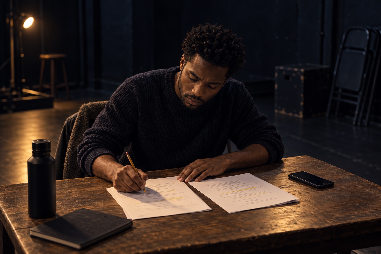 An actor marking turns and cues on audition sides at a rehearsal table