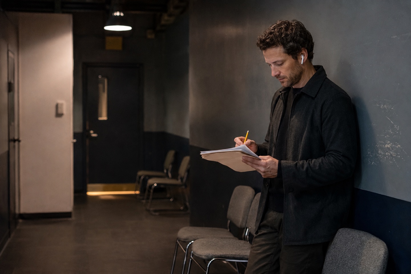 An actor reviewing fresh audition sides outside a casting room