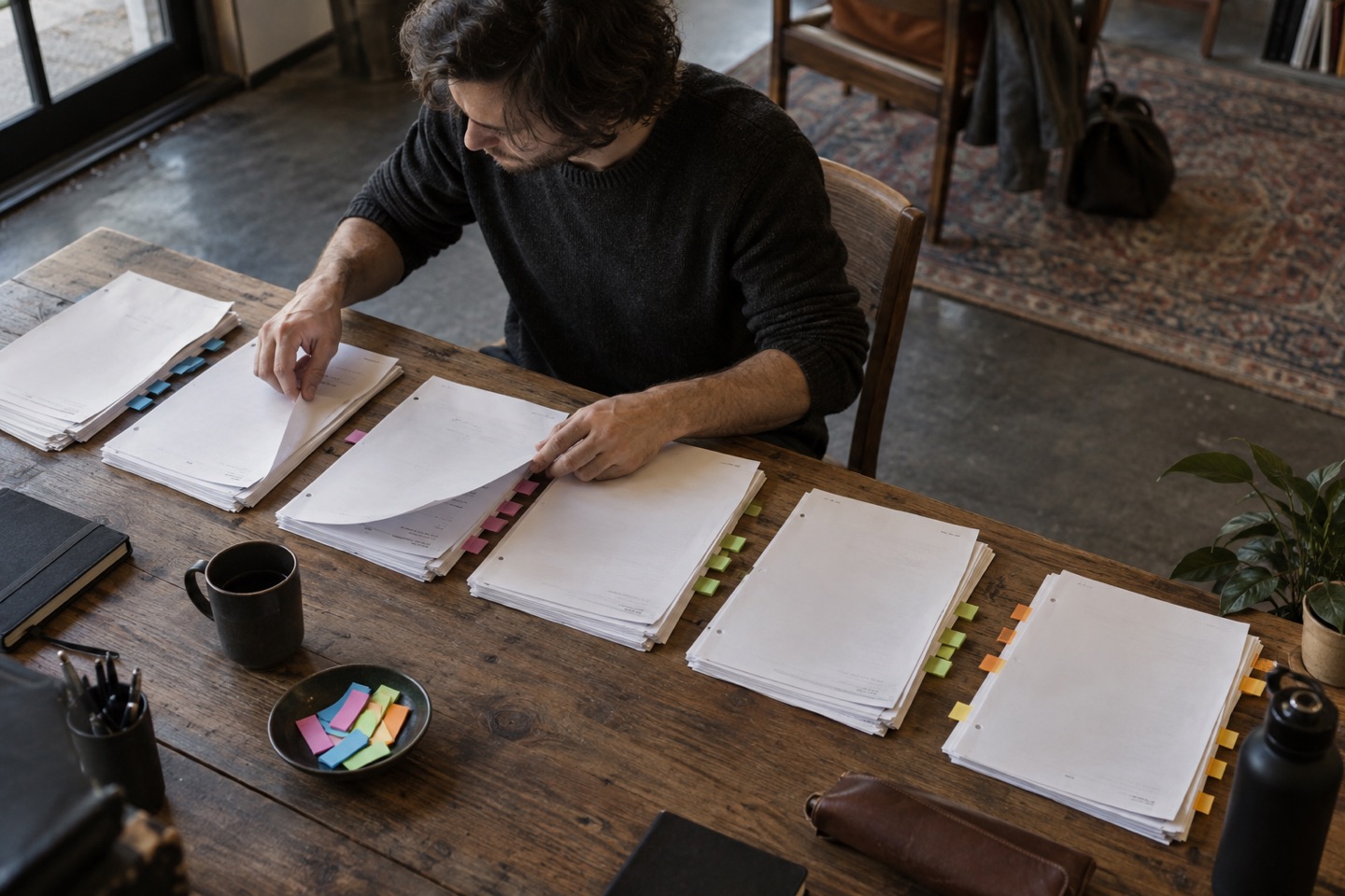 An actor sorting screenplay pages into groups with coloured tabs