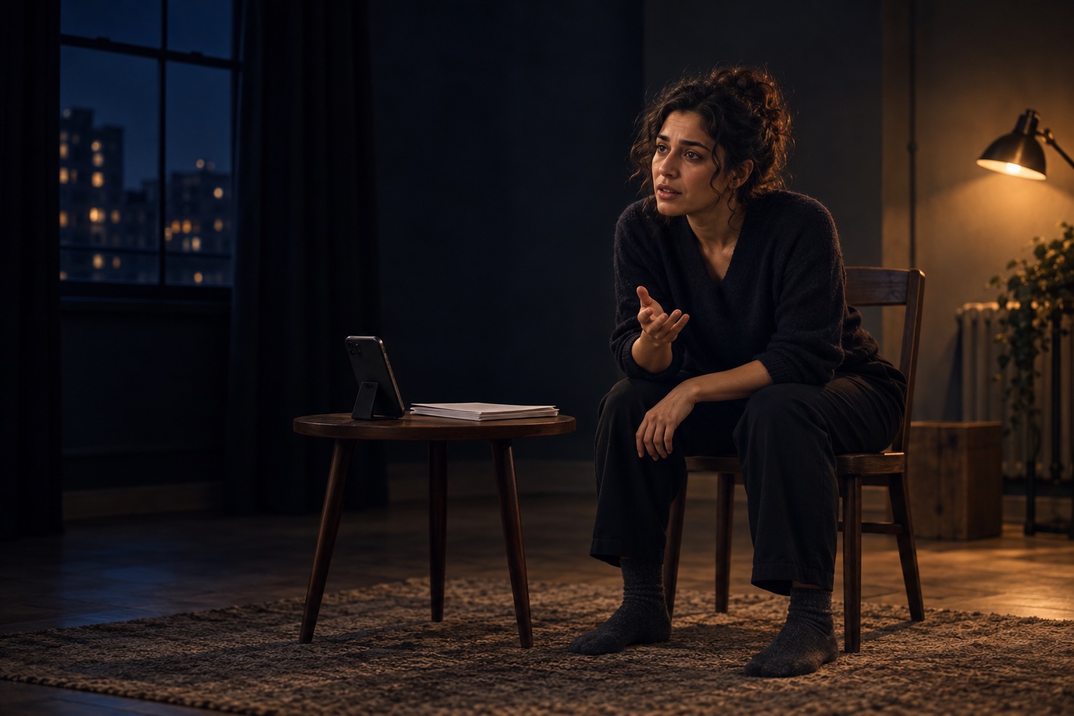 An actor delivering familiar lines with fresh attention to an imagined partner
