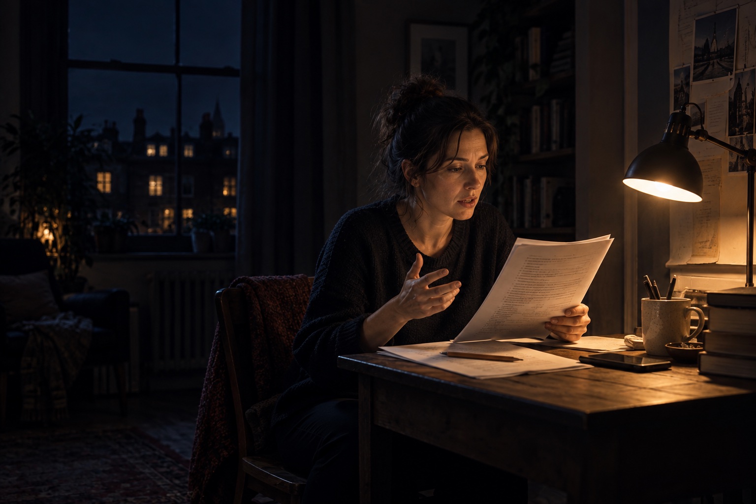 An actor rehearsing audition pages late in the evening under a warm desk lamp