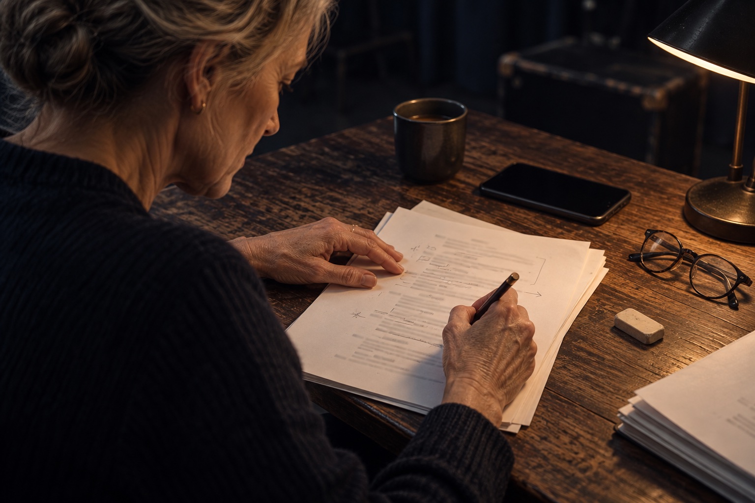Close view of an actor making restrained cue and beat notes on a script