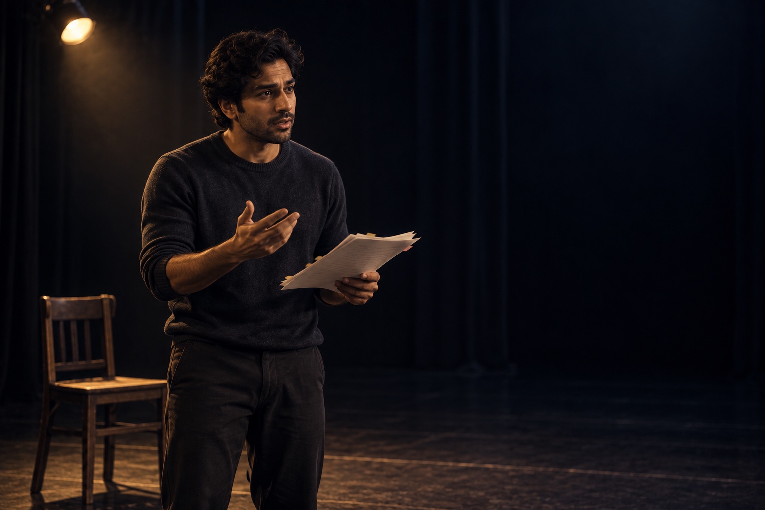 An actor learning a monologue by beats on an empty stage