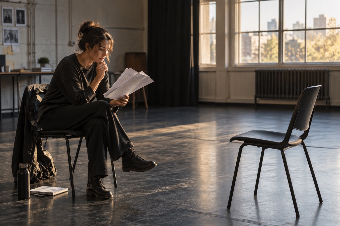 A drama student studying a script beside an empty rehearsal chair