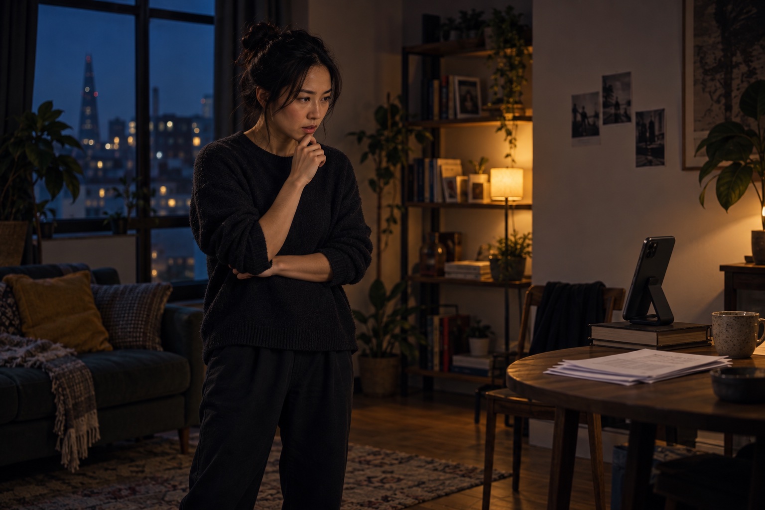 An actor practising a scene at home with a phone on a stand