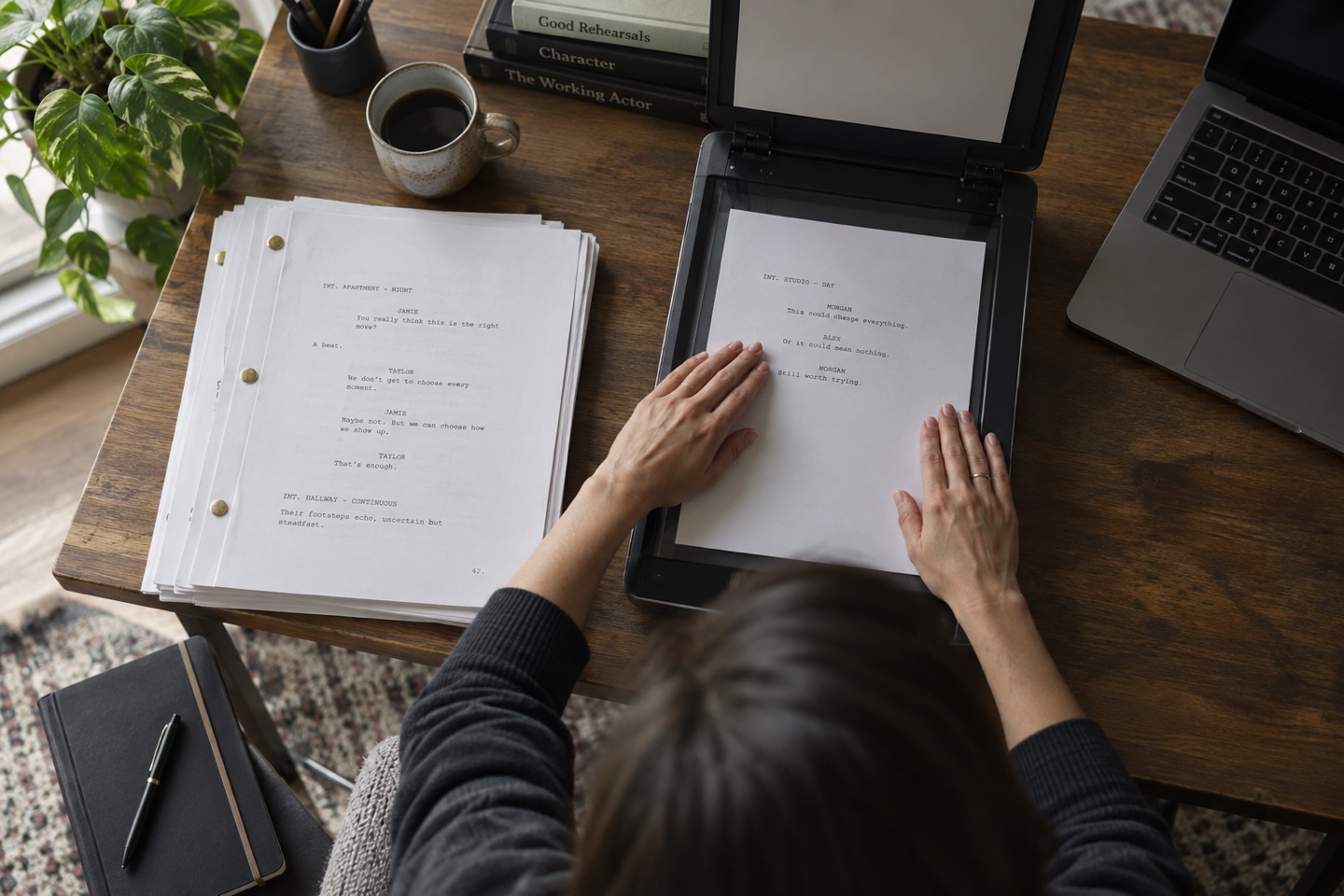 Hands flattening screenplay pages beside a scanner and laptop