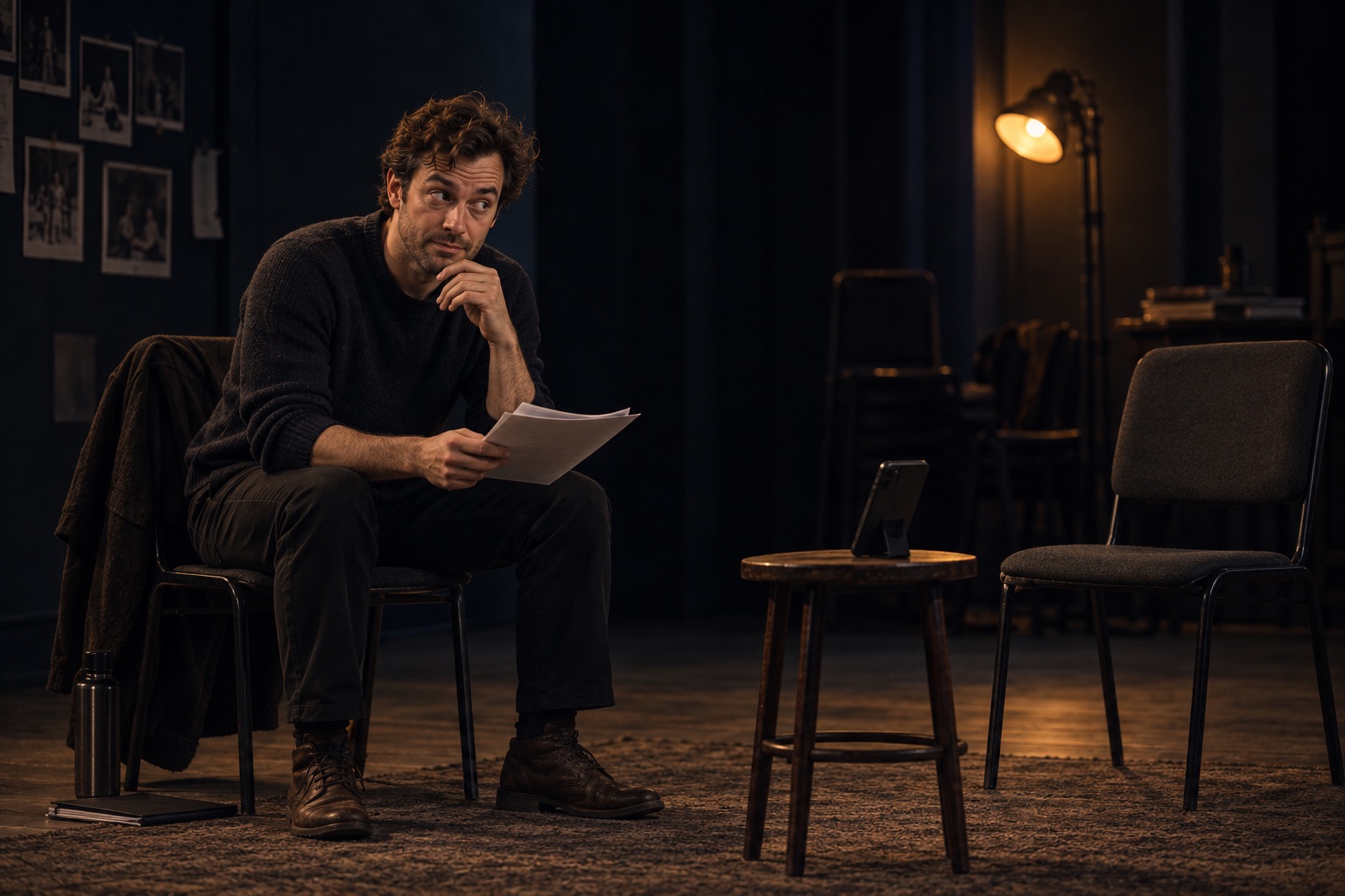 An actor testing the timing of a comic scene in rehearsal