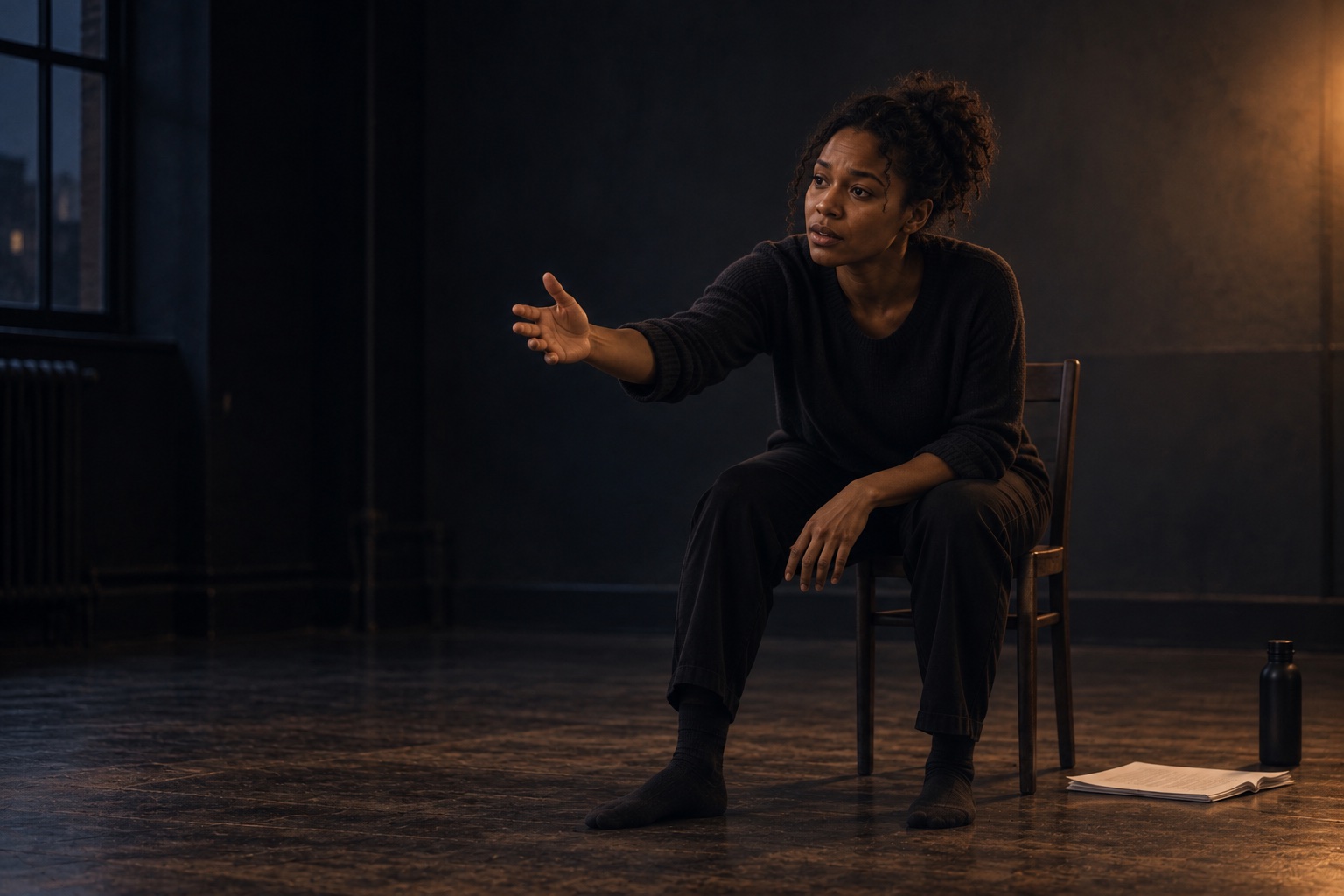 An actor rehearsing a dramatic scene alone with grounded focus