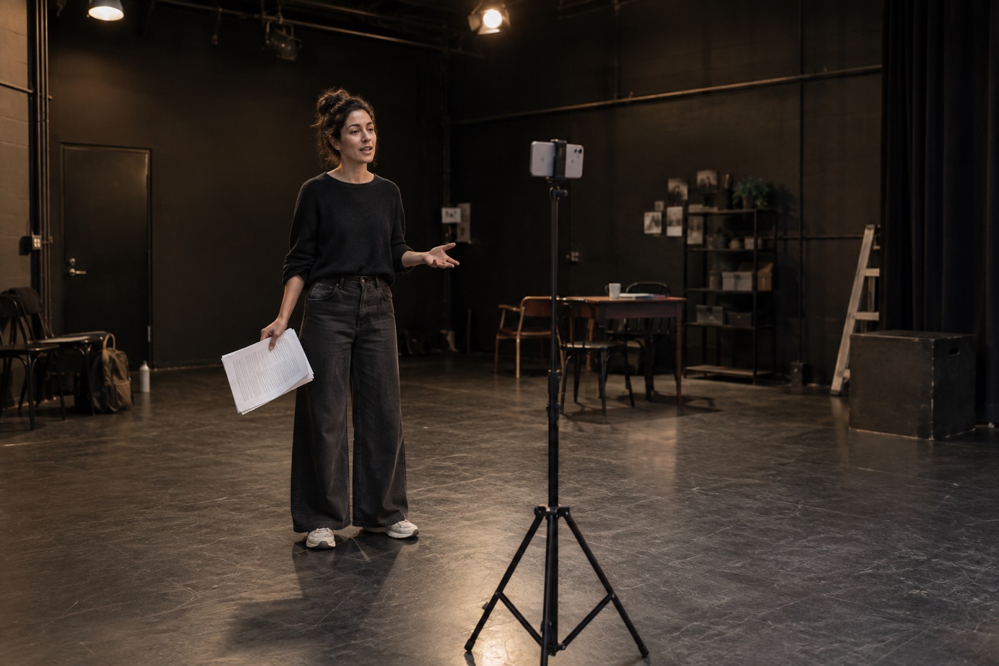 An actor rehearsing alone opposite a phone in a black-box studio