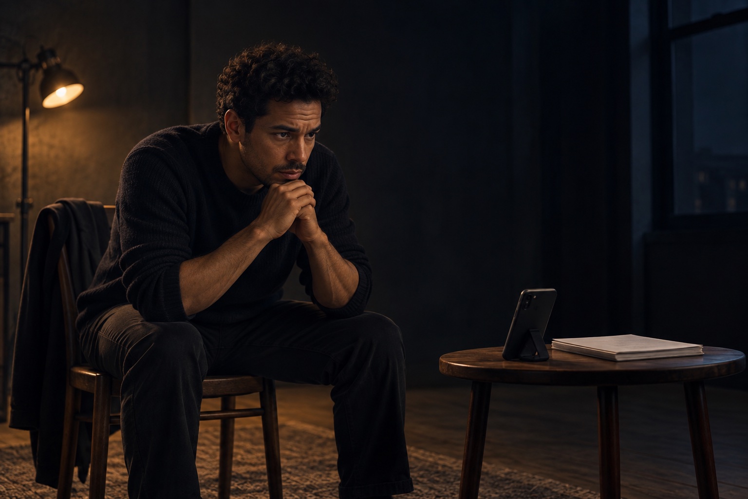 An actor listening for a spoken cue during a focused rehearsal