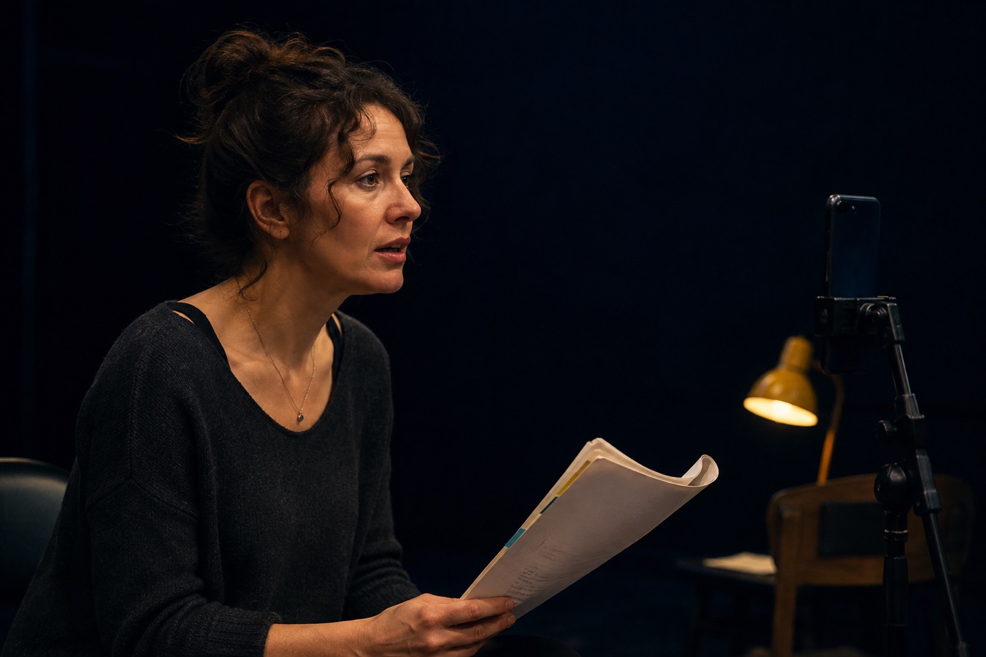 An actor rehearsing opposite a spoken scene partner in a black-box studio