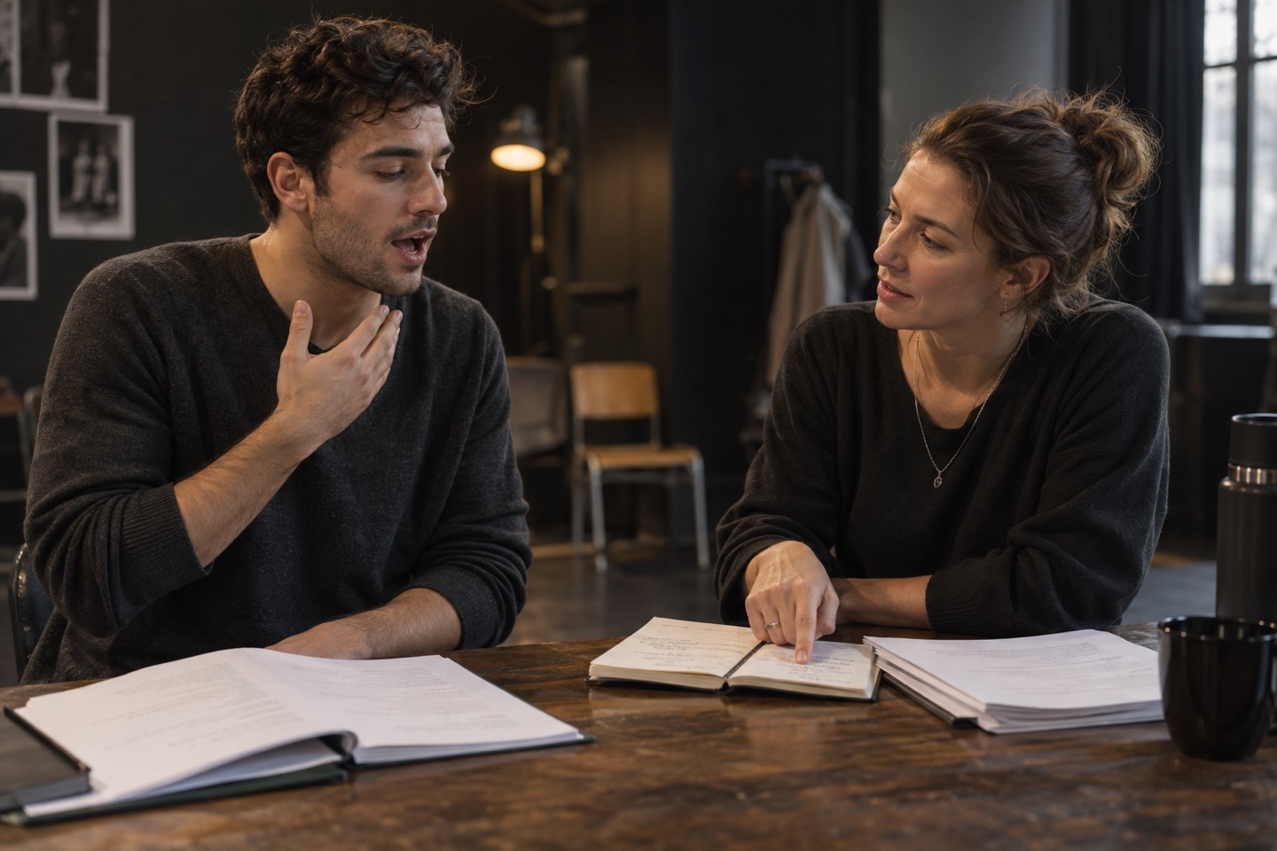 Two actors checking pronunciation notes together
