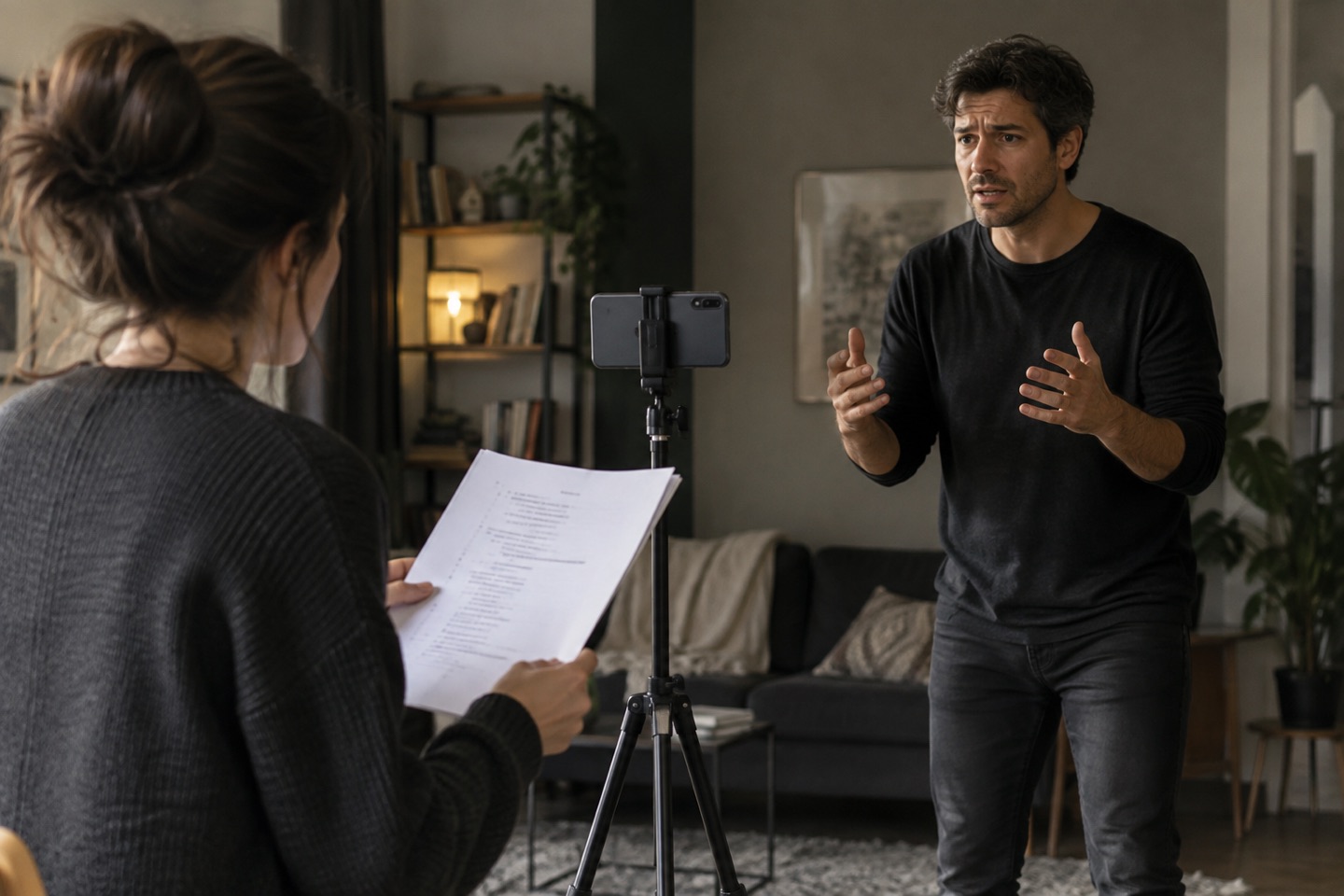 A reader holding sides beside the camera while another actor performs