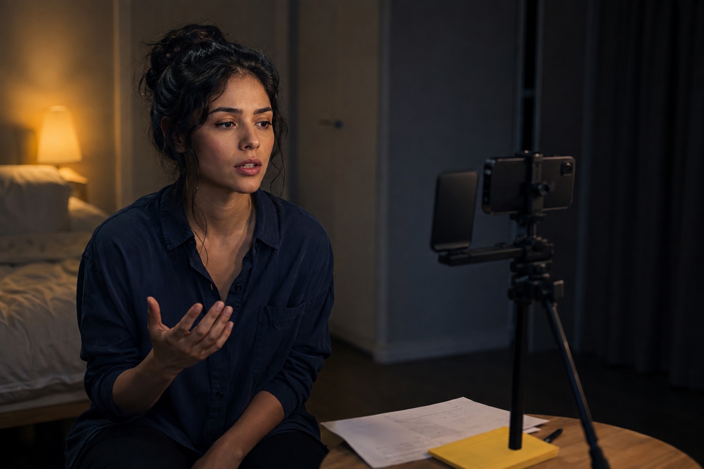 An actor preparing a self-tape with a camera phone and a separate reader phone