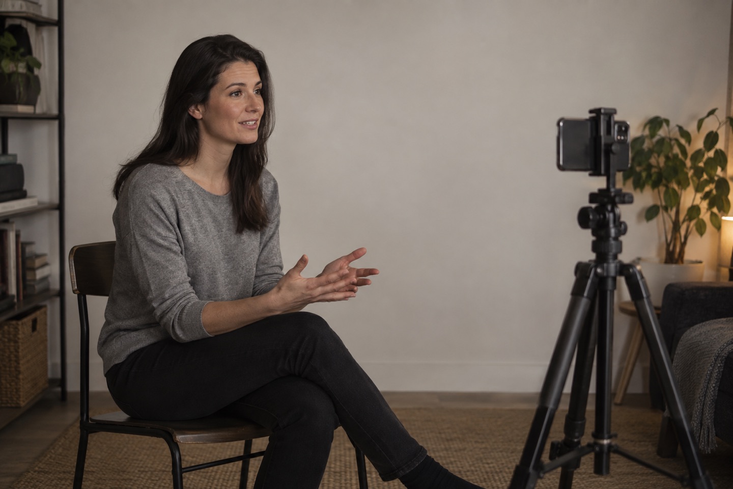 An actor introducing herself to a phone camera for a self-tape slate