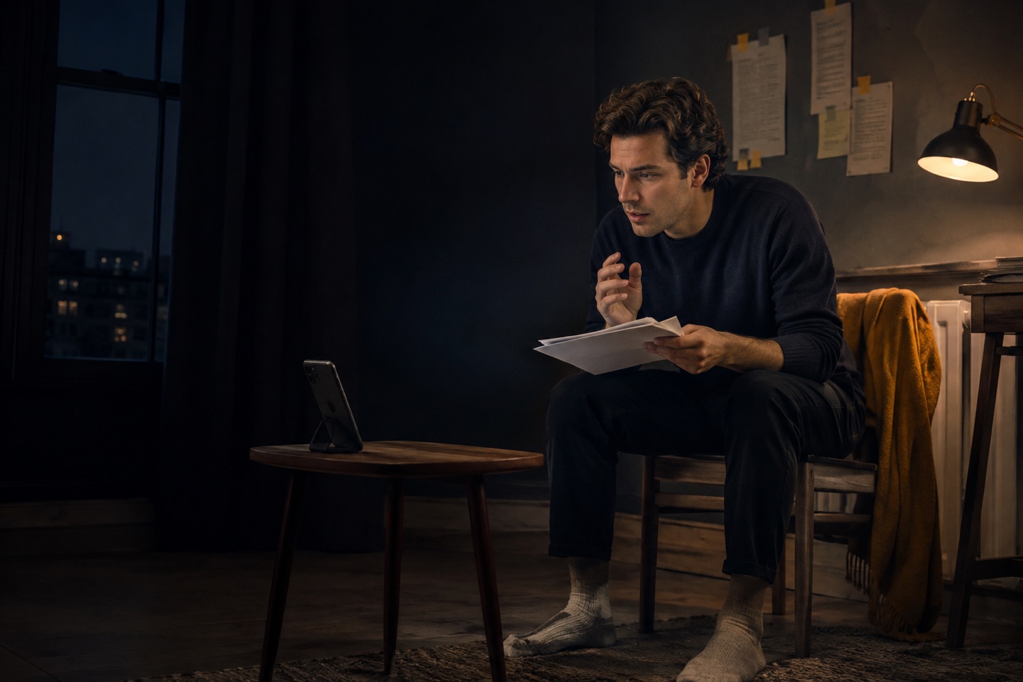 An actor rehearsing a script alone with Action nearby