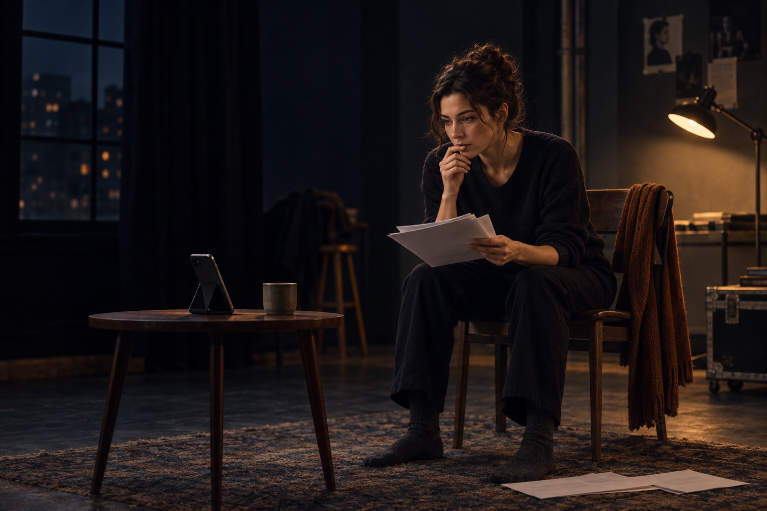 An actor recovering a line while rehearsing alone in a dark studio