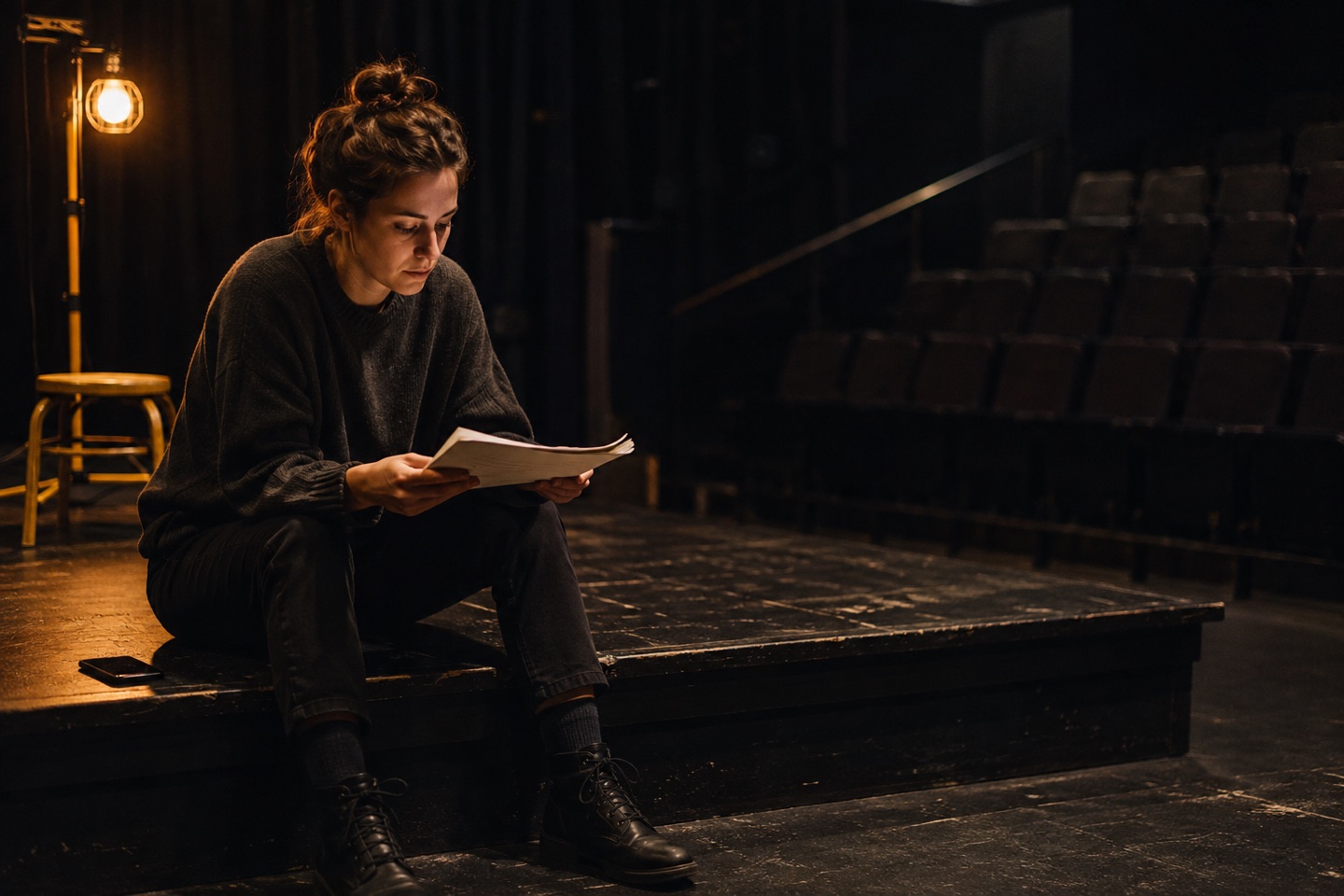 A theatre actor rehearsing with a script on an empty black-box stage