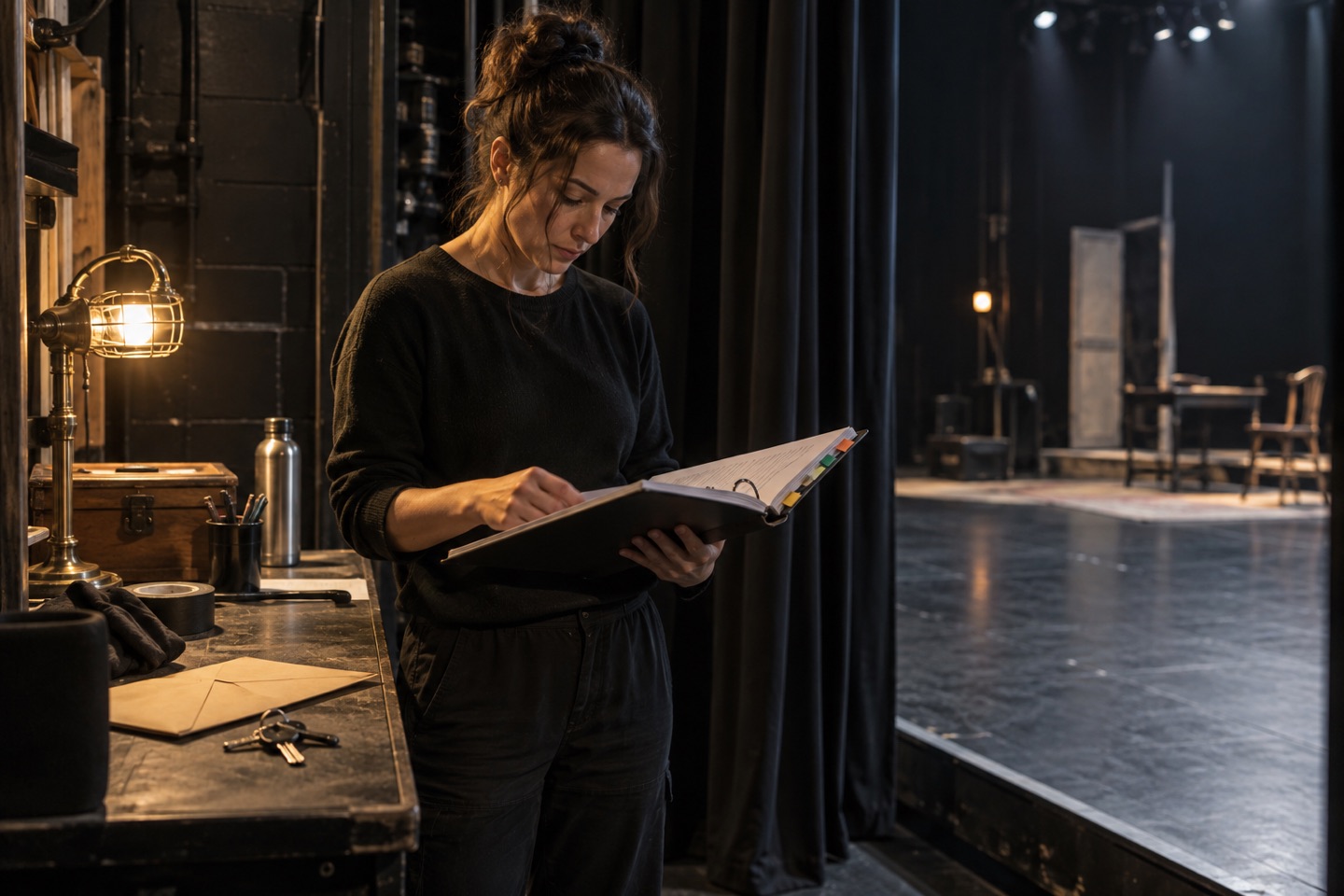 An understudy checking a tabbed binder beside a backstage prop table